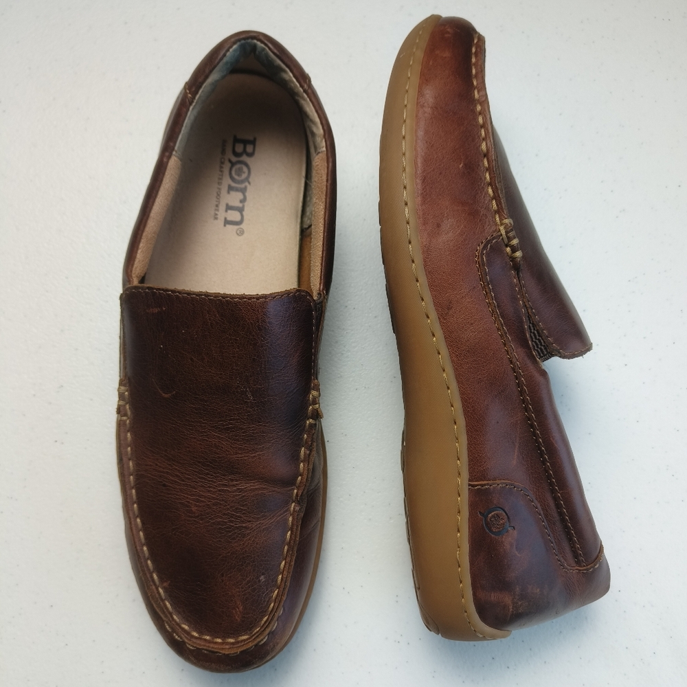 Born‎ Mens Brown Leather Loafers H4115 Slip On Moc Toe Shoes Size 11.5 M